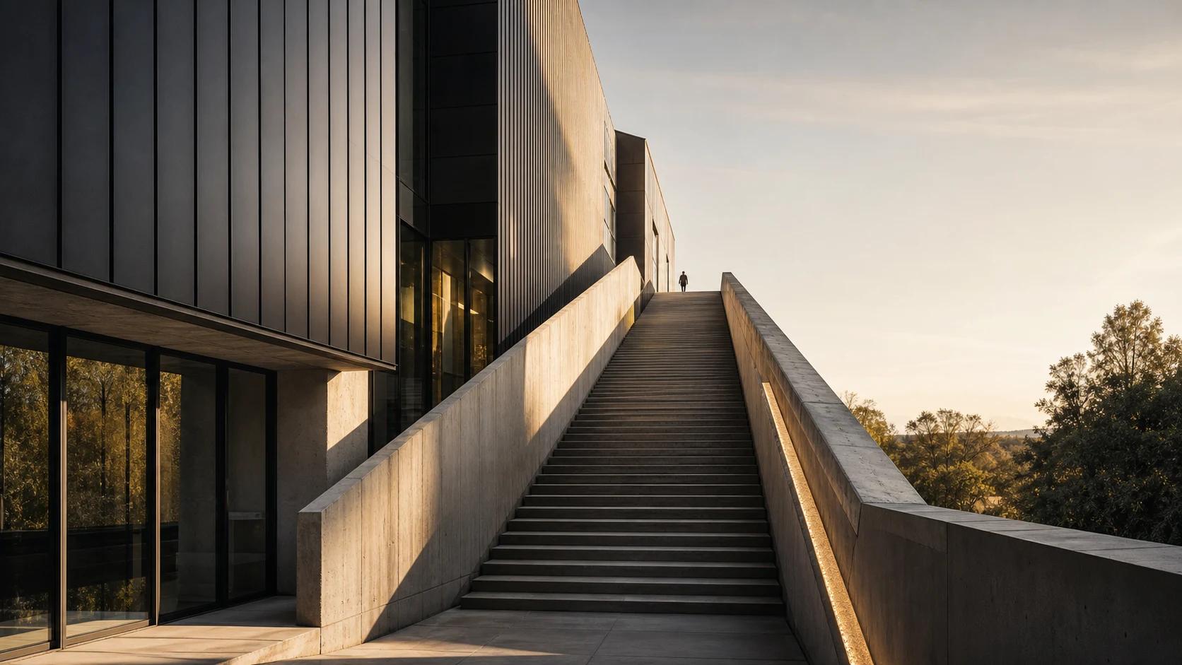 A disciplined architectural stair leading upward through warm concrete and charcoal steel